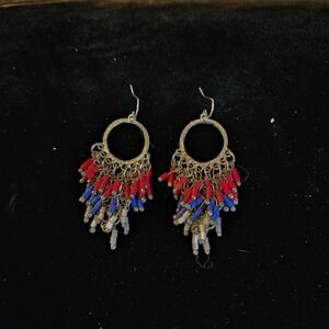 Beaded Dangle Earrings Red White Blue Patriotic Fringe‎ Statement Jewelry